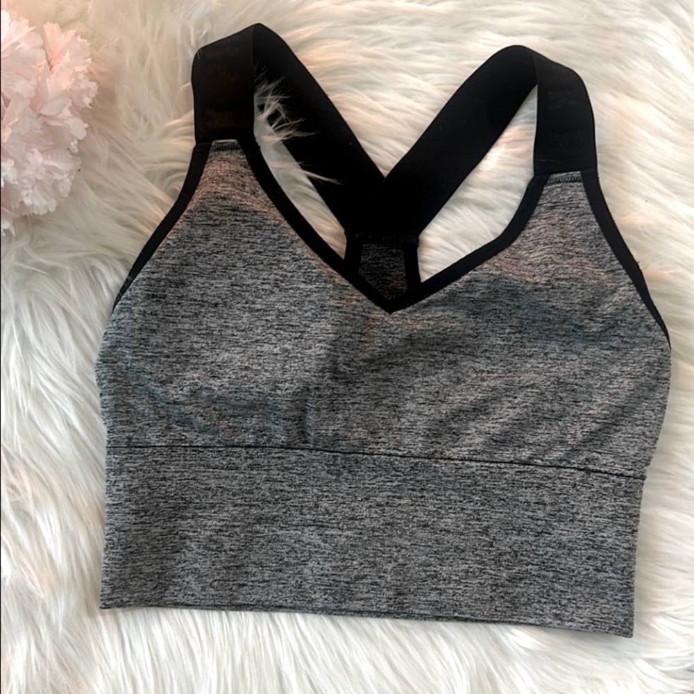 Pink Victoria’s Secret Gray Racer Back Sports Bra with Black Glitter Trim
